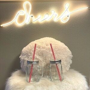 Two glass mugs with lids and red & white straws. Set of 2